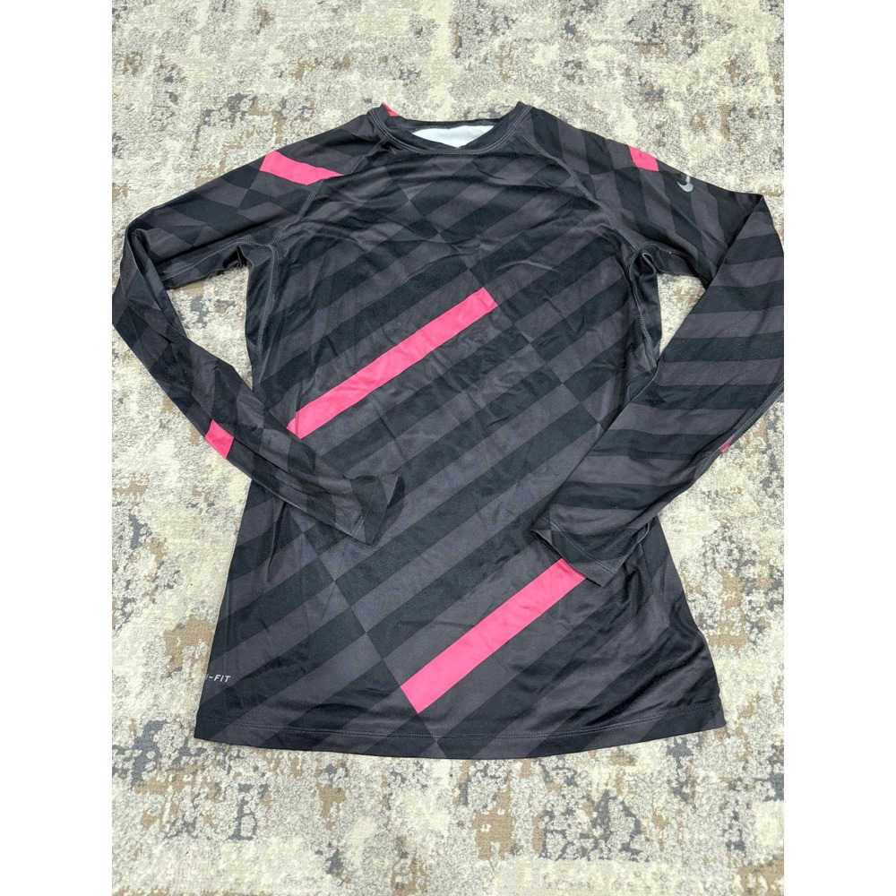 Nike Pro Combat Dri-FIT Mens Large Black Pink Geometric Long Sleeve Fitted Shirt